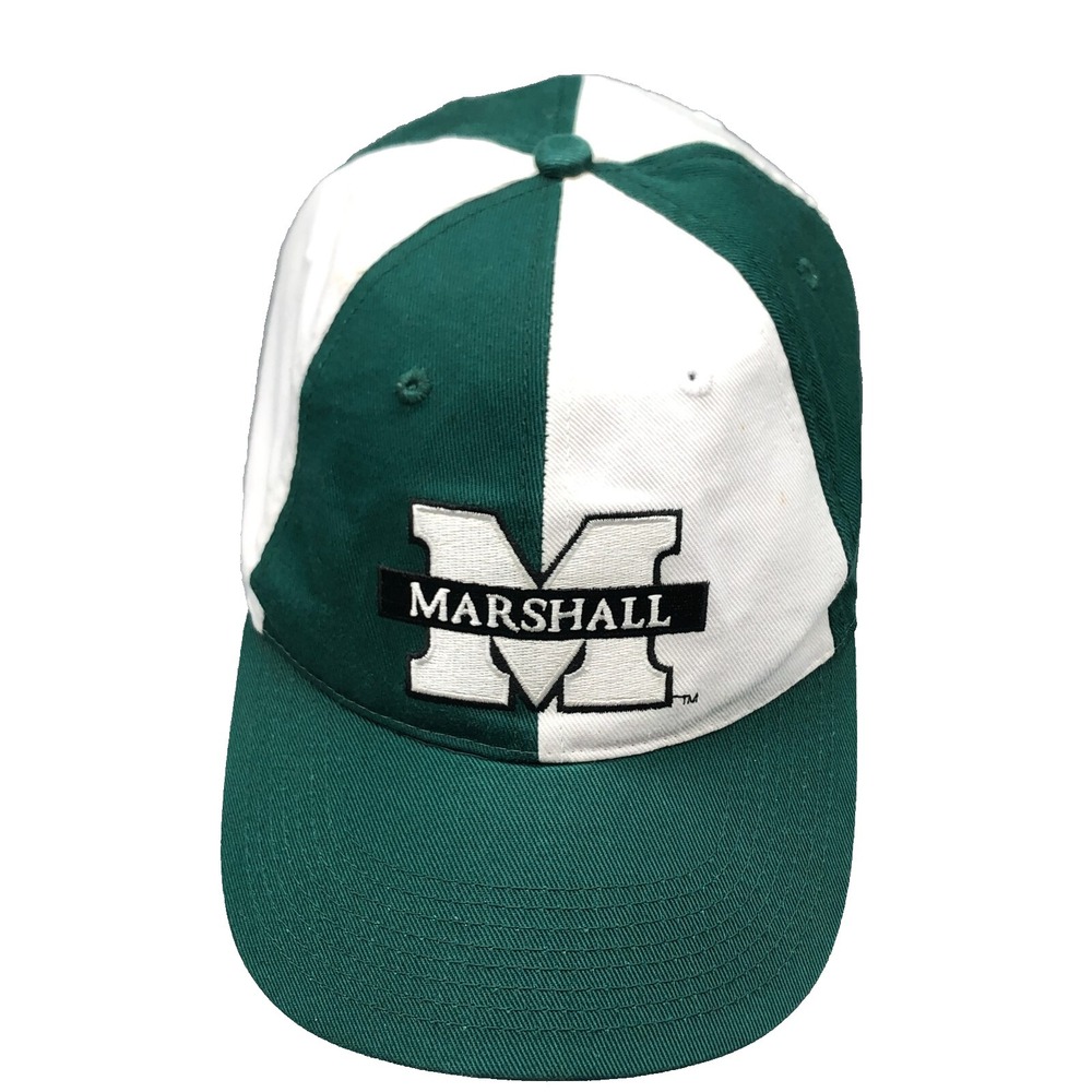 Vintage Marshall Thundering Herd Hat Cap Strap Back Green White Colorblock Y2K